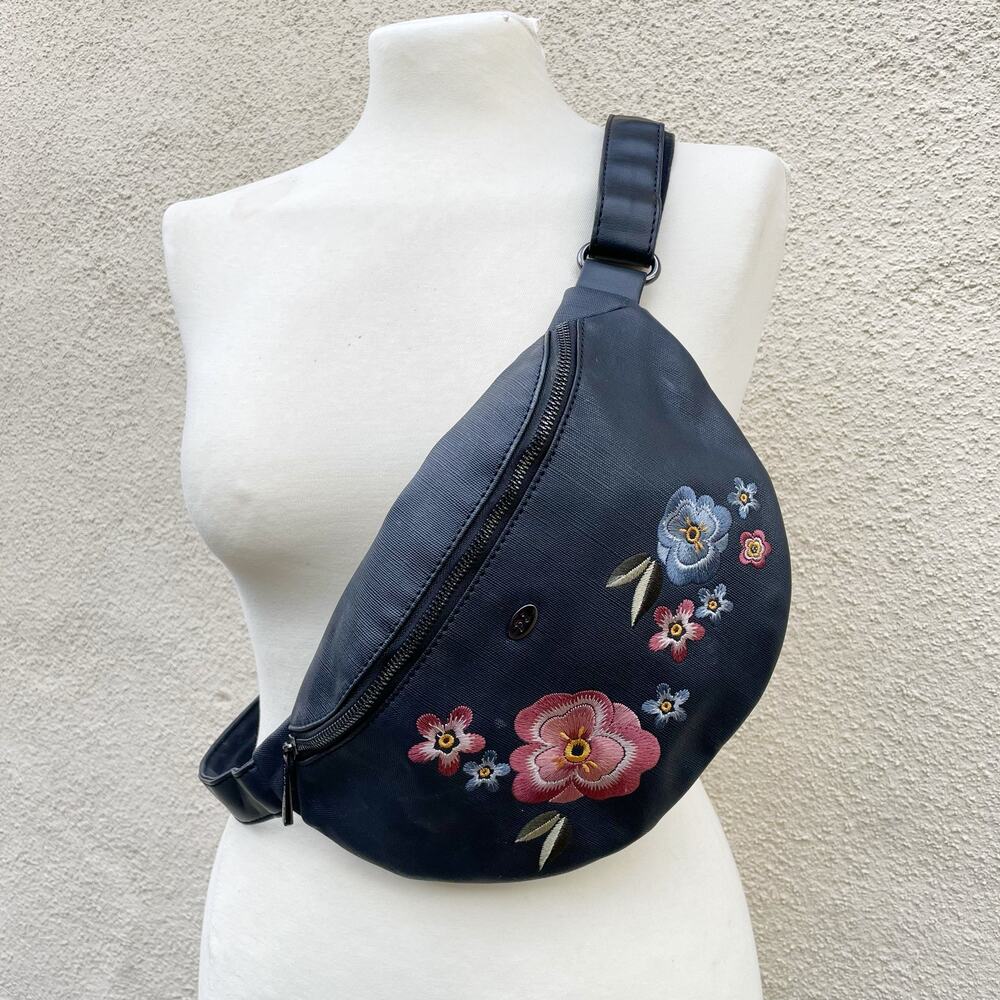 David Jones Black Faux Leather Chest Belt Bag Embroidered Flowers